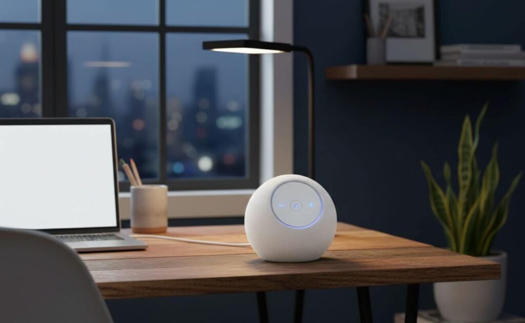 Review Echo Dot Max branco em um ambiente de escritório moderno com iluminação aconchegante.