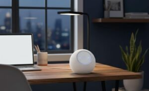 Review Echo Dot Max branco em um ambiente de escritório moderno com iluminação aconchegante.