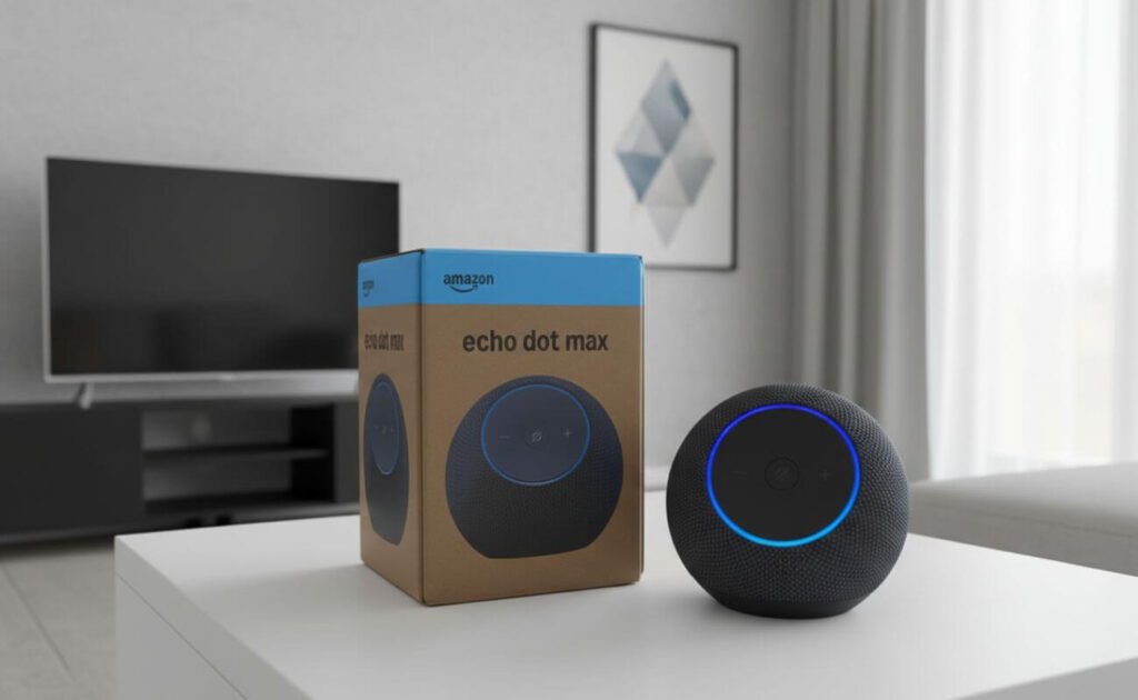 Review Echo Dot Max: Som potente e Alexa com IA valem o investimento? Unboxing do Echo Dot Max exibindo a embalagem original e o dispositivo em ângulo de destaque.