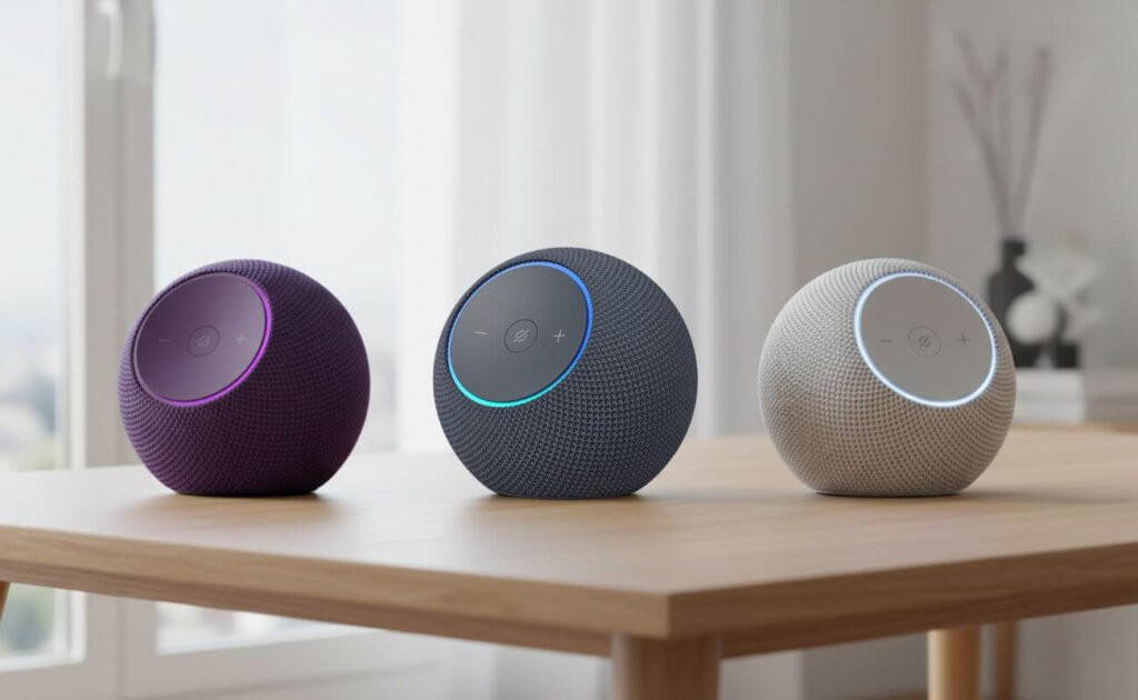 Review Echo Dot Max: Som potente e Alexa com IA valem o investimento? Variação de cores e preços do Echo Dot Max na Amazon Brasil, mostrando as opções Grafite, Branco e Roxo.