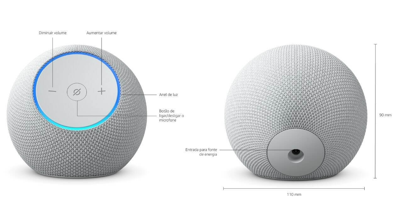 Review Echo Dot Max: Som potente e Alexa com IA valem o investimento? Infográfico do Echo Dot Max mostrando as dimensões de 110 mm por 90 mm e a posição dos botões de volume e microfone.