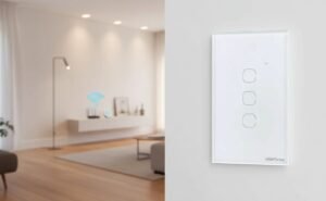 Sala com iluminação automatizada por interruptores inteligentes wi-fi