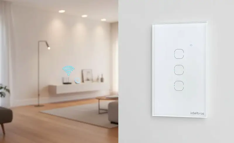 Sala com iluminação automatizada por interruptores inteligentes wi-fi
