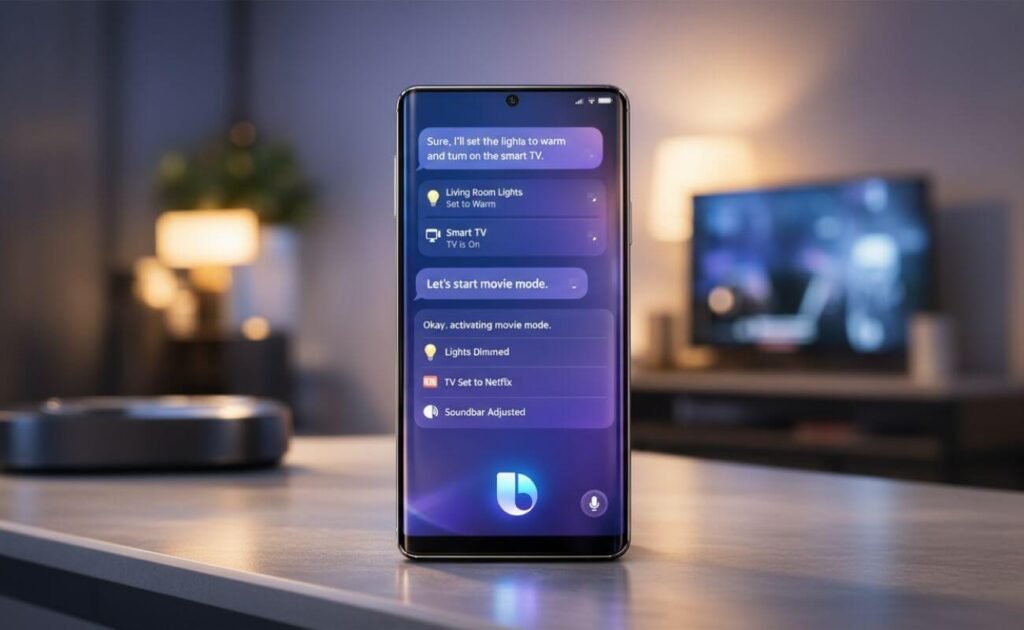 Samsung anuncia nova Bixby com IA avançada para competir com Siri e Gemini Bixby com inteligência artificial em celular Samsung executando comandos de smart home