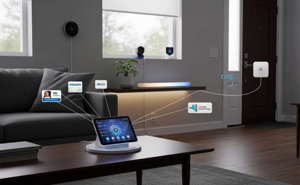 Melhores Hubs Matter em 2026: Guia de Compra Para Não Ter Dúvidas Exemplo de sala de estar inteligente com dispositivos Matter integrados em um painel de controle central.