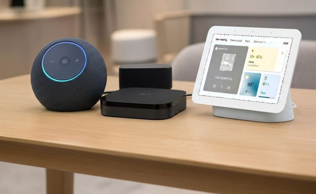Melhores Hubs Matter em 2026: Guia de Compra Para Não Ter Dúvidas Comparativo visual entre os melhores hubs matter, Google Nest Hub, Echo Dot Max e Hub Matter Aqara sobre uma mesa.