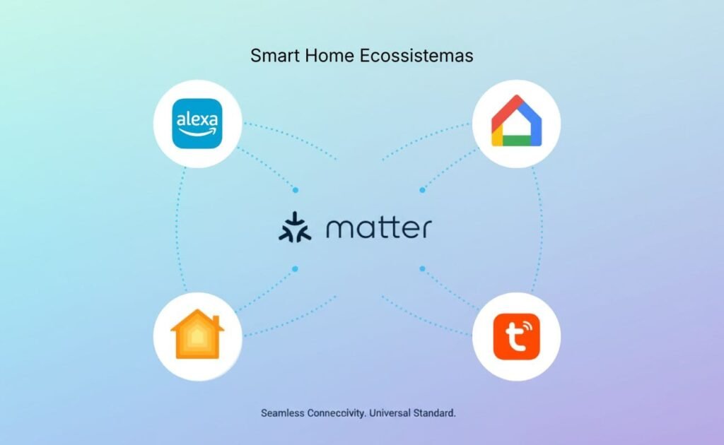 Infográfico mostrando a integração do protocolo Matter com ecossistemas Alexa, Google Home, Apple Home e Tuya.