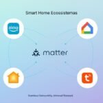 Infográfico mostrando a integração do protocolo Matter com ecossistemas Alexa, Google Home, Apple Home e Tuya.