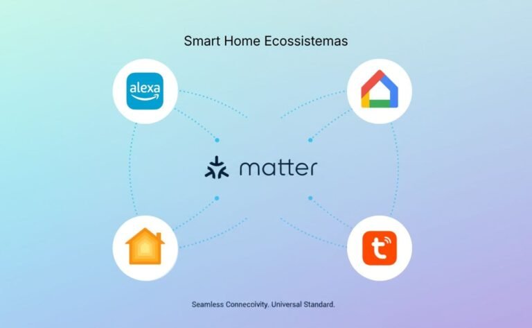 Infográfico mostrando a integração do protocolo Matter com ecossistemas Alexa, Google Home, Apple Home e Tuya.