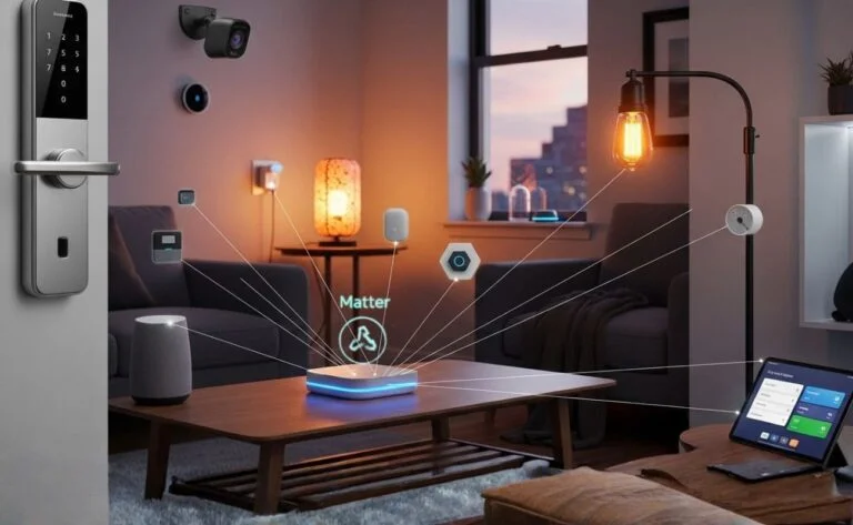 Automação Residencial e Casa Inteligente: SmartHomePro Sala de estar moderna com hub Matter centralizado conectando fechadura, câmera, iluminação e sensores inteligentes.